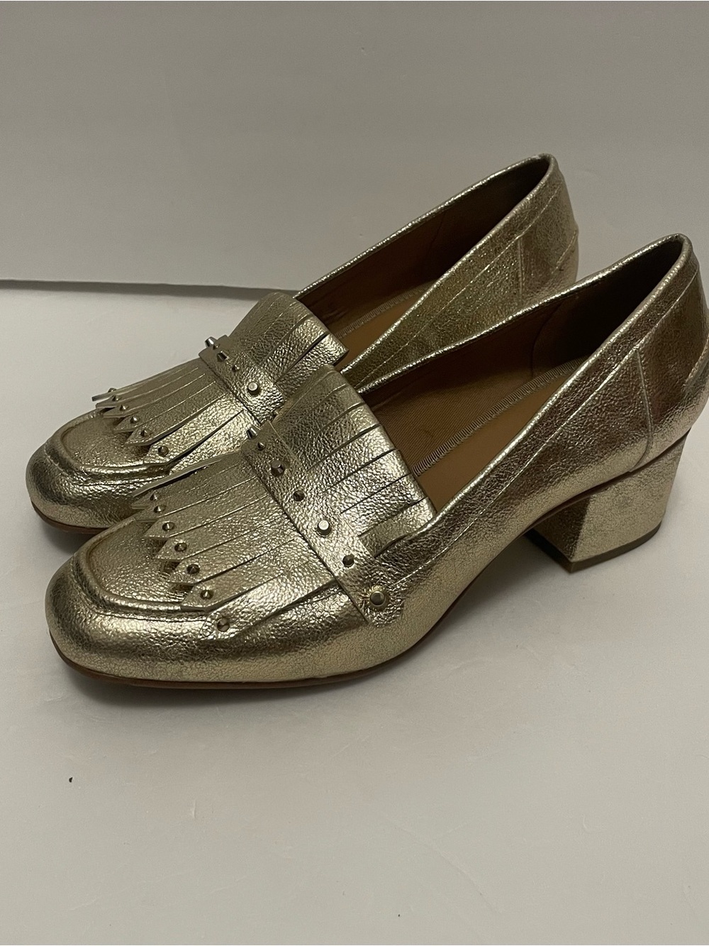 Franco Sarto 9 Lauryn Gold Metallic Block Heel Loafers Shoes Fringe Stud